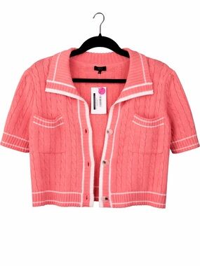 Debut Pink Cable Knit Cardigan Sweater S/M NWT Preppy Chic Short Sleeve